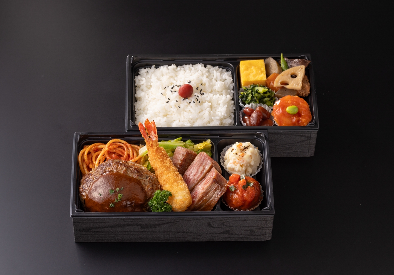 九州産黒毛和牛ステーキハウス洋弁当(海老フライ＆九州産黒毛和牛ハンバーグ）